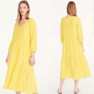 J Crew Long Sleeve Yellow Linen‎ Tiered Midi Dress Size XS/S